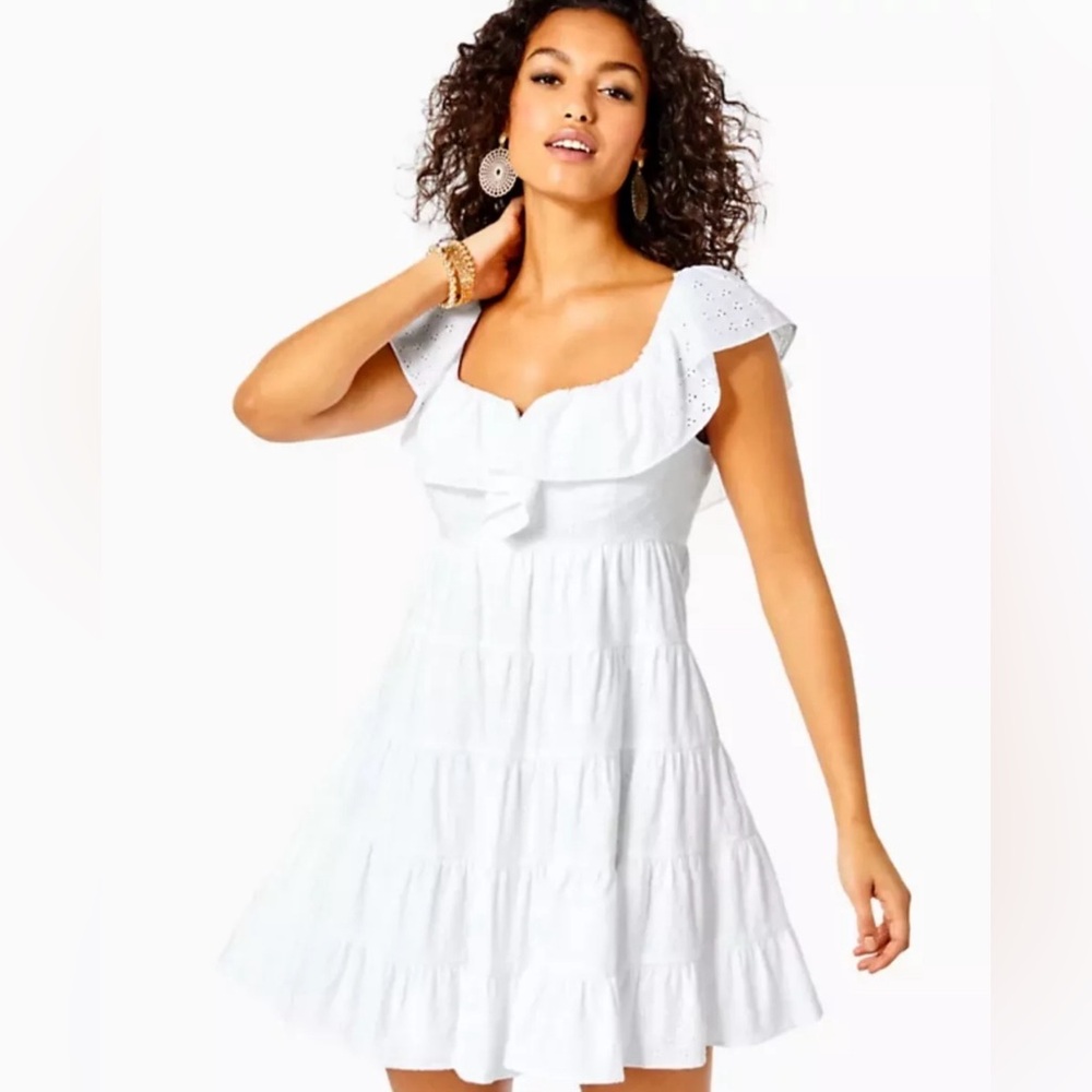 NWT Lilly Pulitzer Emie Babydoll Ruffle Tiered Dress White Eyelet Size 8
